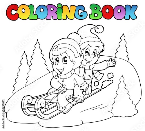 Coloring book two kids on sledge