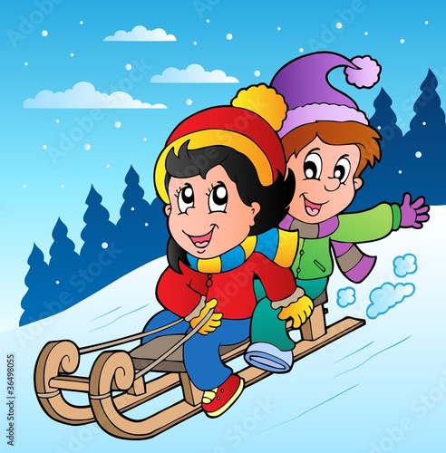 Winter scene with kids on sledge