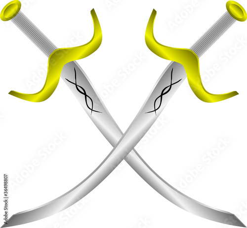 Two crossed arabic swords on white on white