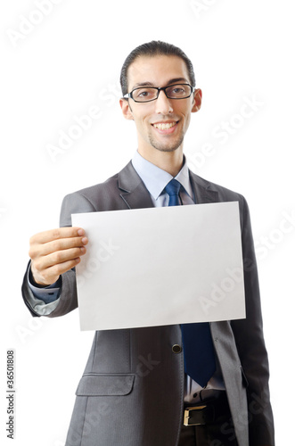 Businessman holding blank message