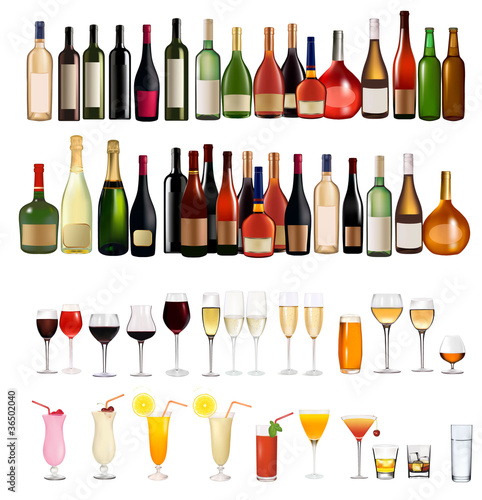 Set of different drinks and bottles. Vector illustration.