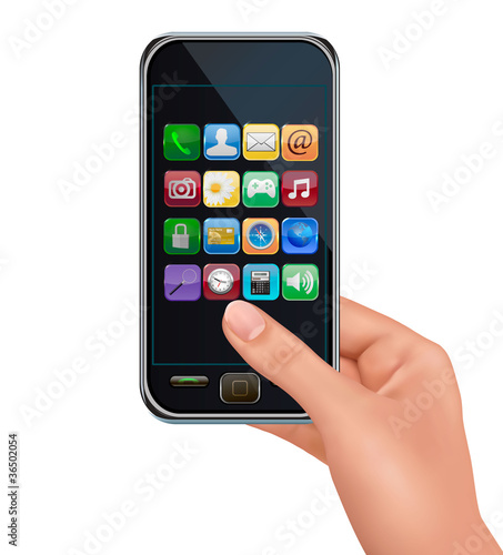 A hand holding touchscreen mobile phone with icons. Vector.