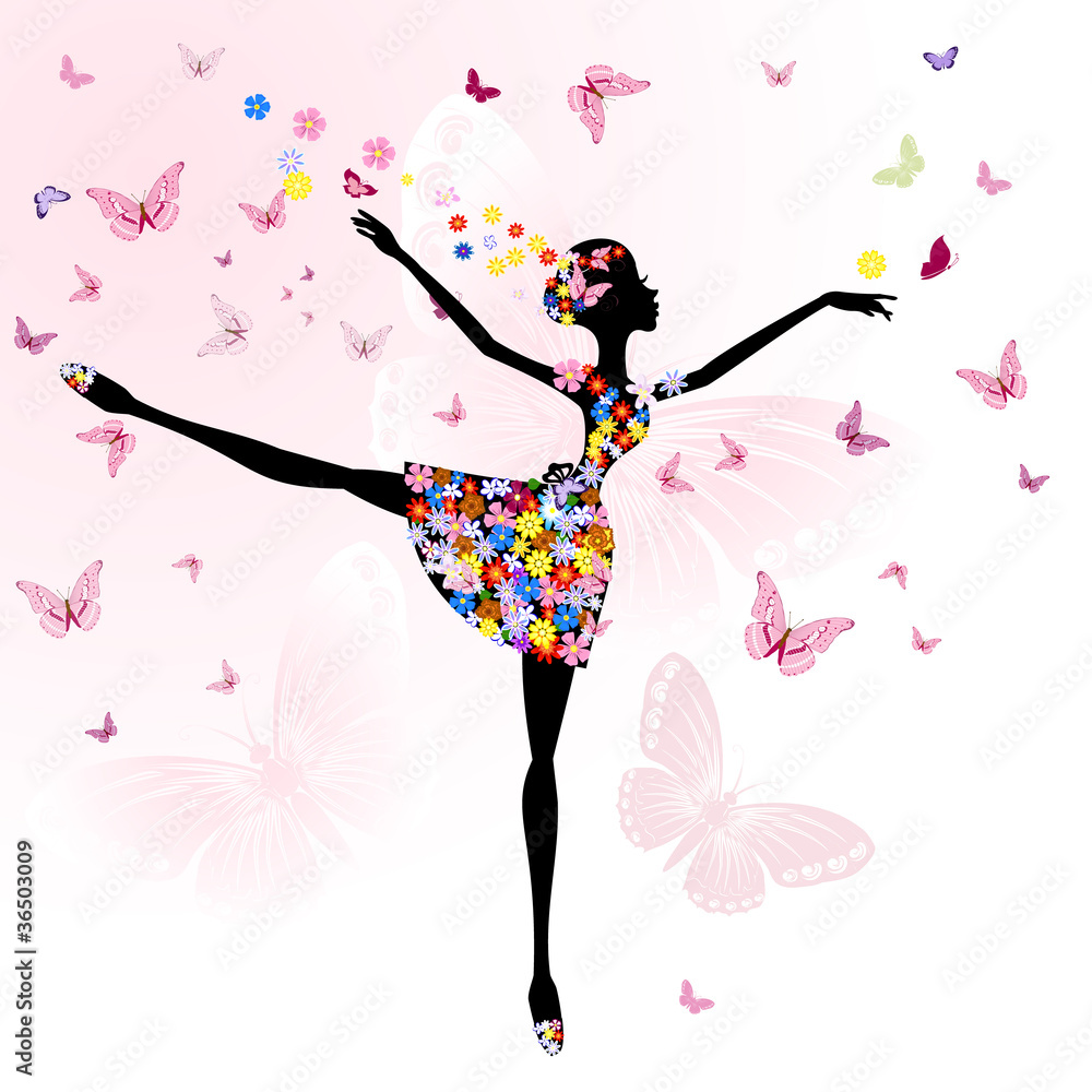 Naklejka premium baleriny dziewczyna z kwiatami z motylami