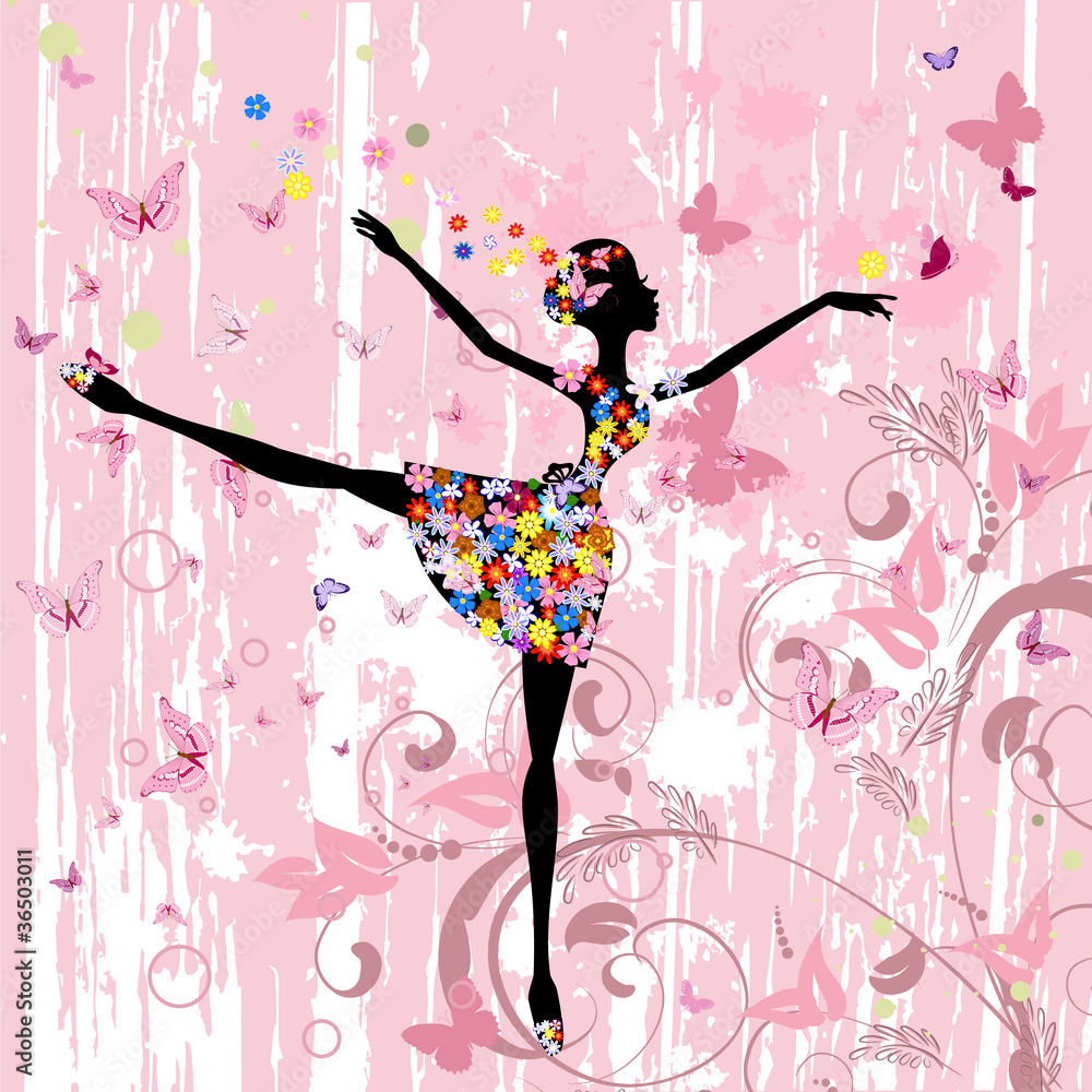 Naklejka premium baleriny dziewczyna z kwiatami z motylami grunge