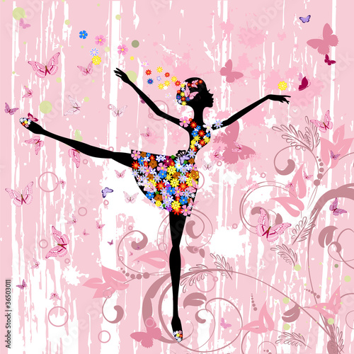 ballerina girl with flowers with butterflies grunge