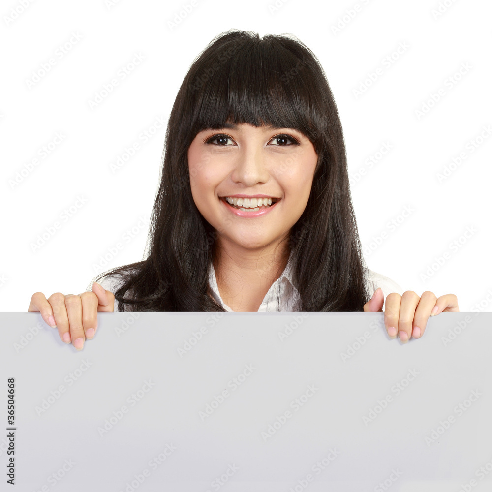 Happy smiling young business woman showing blank signboard, Happy smiling young business woman showing blank signboard,