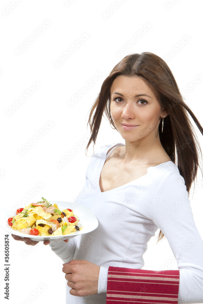 Waitress, chef holding plate with italian pasta spaghetti