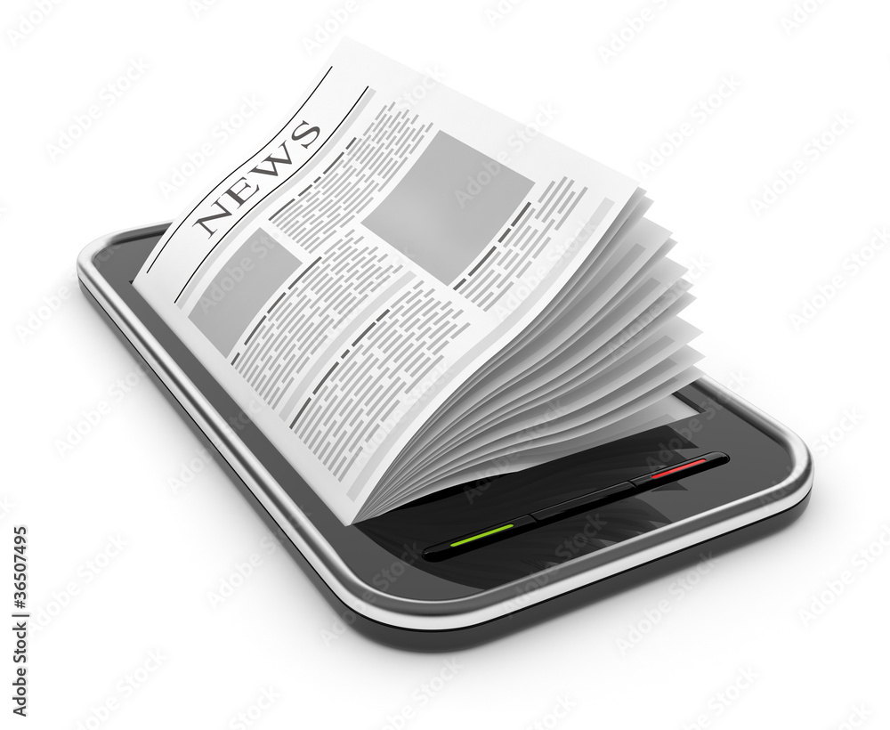 Business newspaper on smart phone. Mobile device concepts 3D. Business newspaper on smart phone. Mobile device concepts 3D.