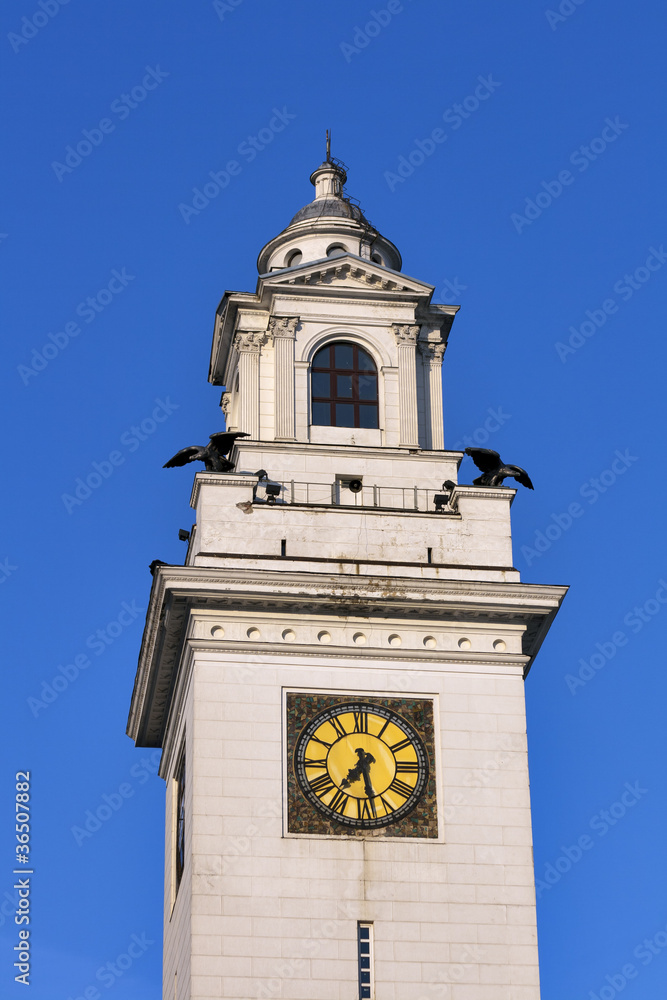 Clock tower on Kievskaya railroad station in Moscow.