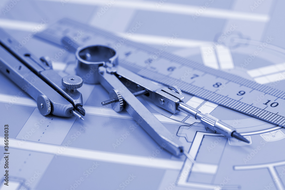 Architecture plan of interior & work tools - ruler, compass Architecture plan of interior & work tools - ruler, compass
