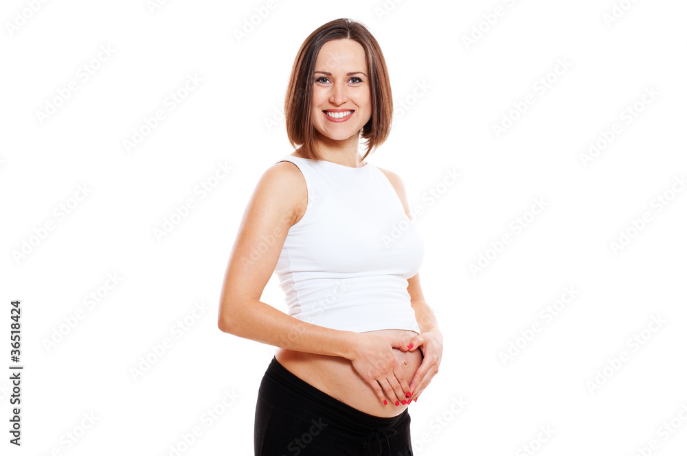 happy pregnant woman showing fingers like heart happy pregnant woman showing fingers like heart