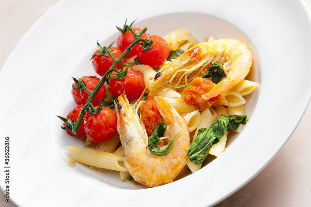 pasta penne with prawns, spinach and grilled cherry tomatoes pasta penne with prawns, spinach and grilled cherry tomatoes