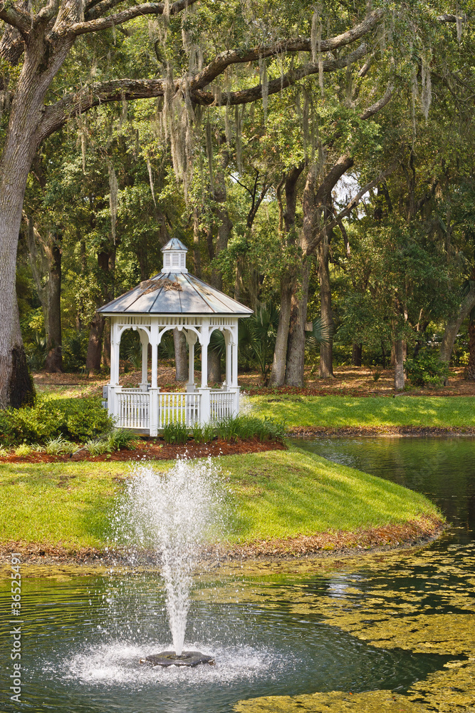 Lake Fountain with Woodland Gazebo
