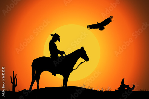 un cowboy dans le desert au coucher de soleil, illustration photo