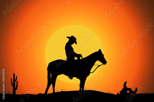 un cowboy dans le desert au coucher de soleil, illustration