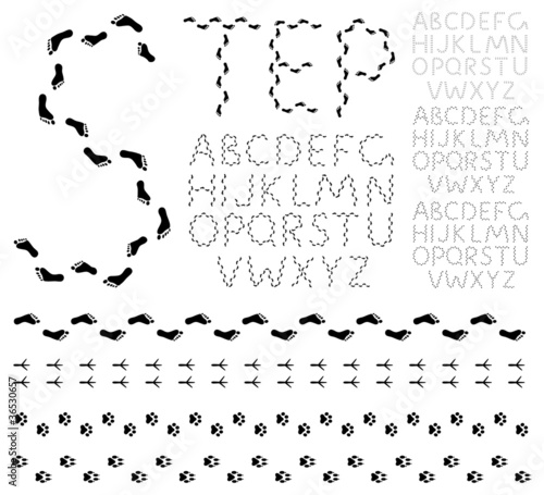 Vector black footprints alphabet on a white background