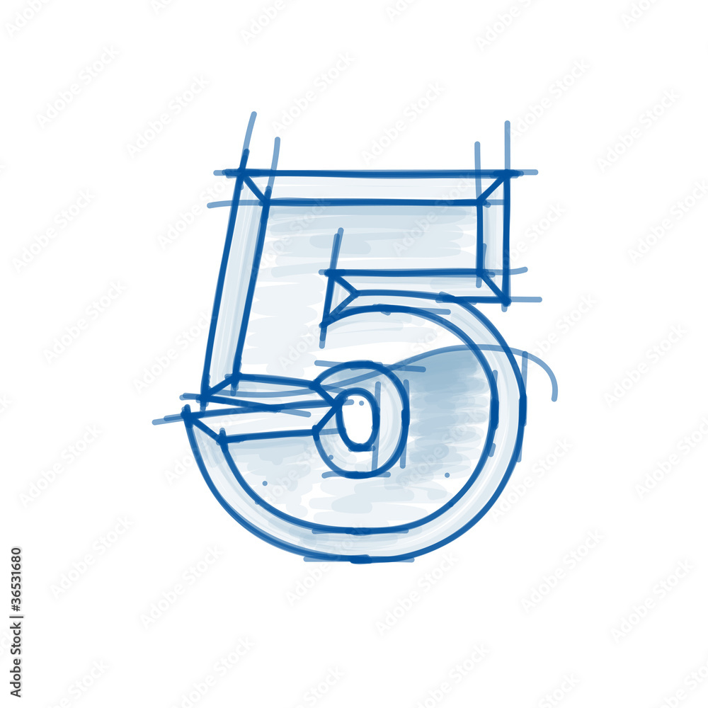 Fototapeta premium Blueprint figure sketch - digit 5 - marker drawing