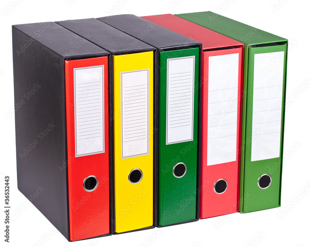 Red, green and yellow office folders with boxes isolated on whit Red, green and yellow office folders with boxes isolated on whit