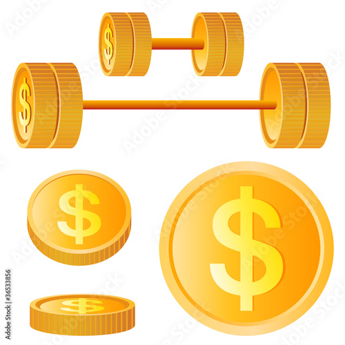 dumbbell of golden discs with dollar