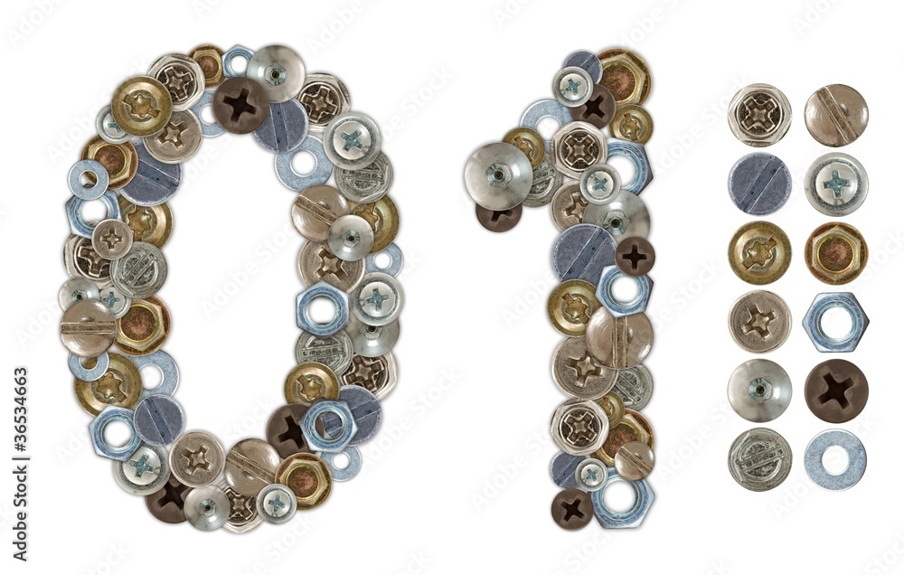 Numbers 0 and 1 made of various screw heads Numbers 0 and 1 made of various screw heads