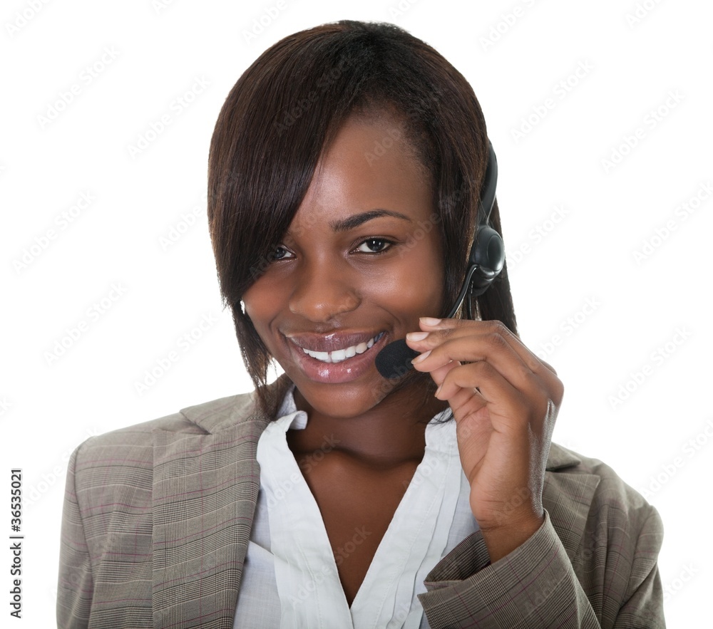 Happy African American telemarketing consultant Happy African American telemarketing consultant