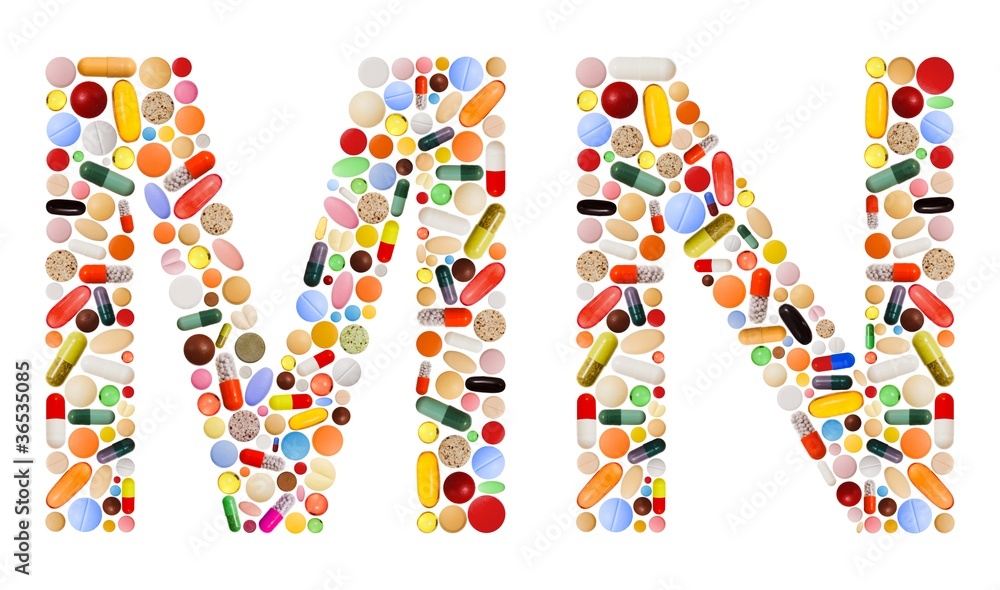 Characters M and N made of colorful pills