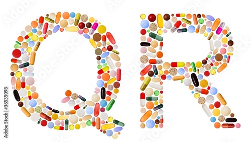 Characters Q and R made of colorful pills