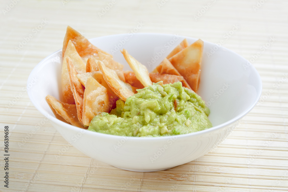 Bowl with guacamole and nachos