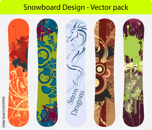 Snowboard design pack - five full editable vector Illustration