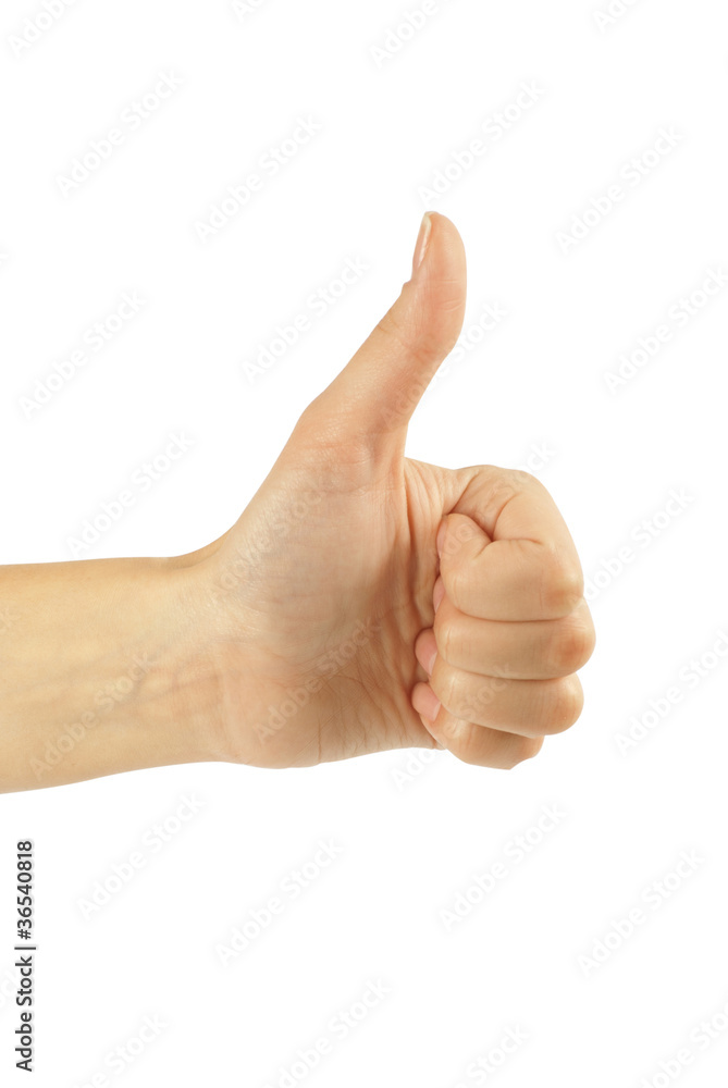 women hand make thumbs up isolated over white