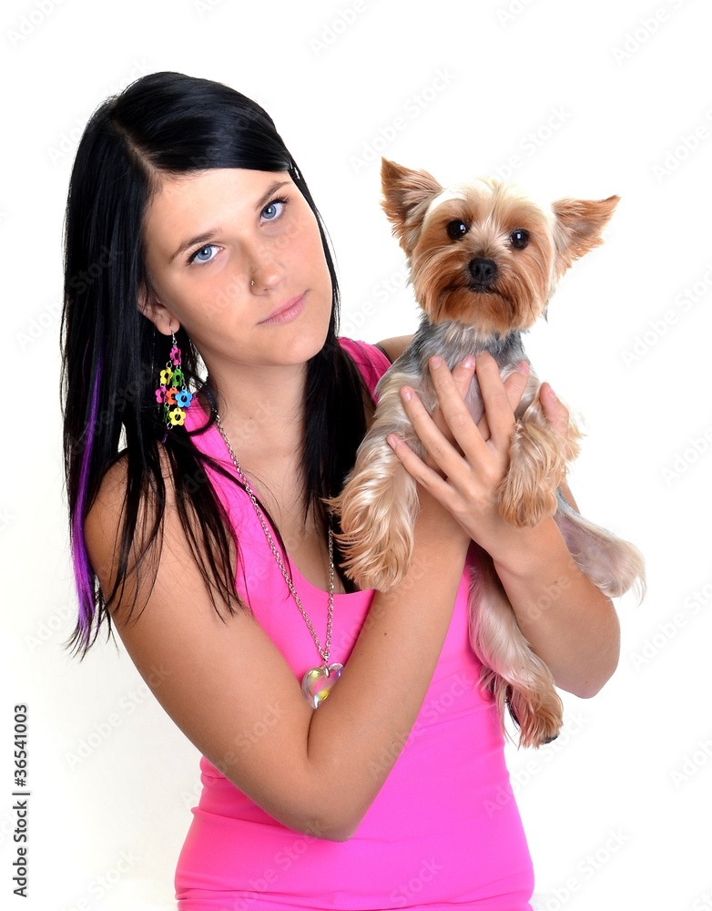 Pretty woman posing with puppy. Isolated on white Pretty woman posing with puppy. Isolated on white