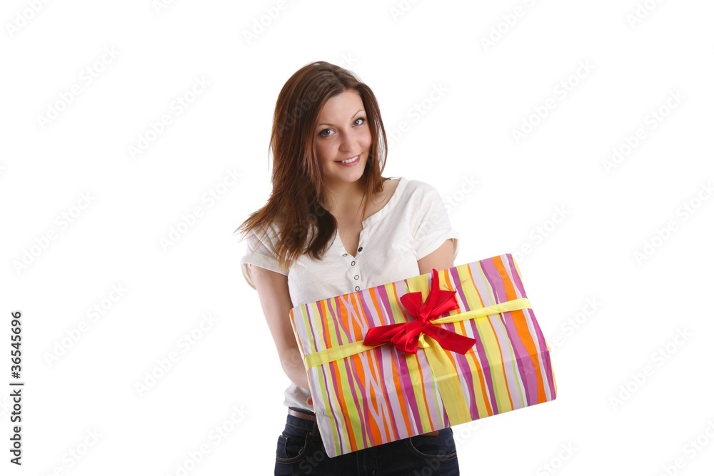 happy young woman with a present (white background) happy young woman with a present (white background)