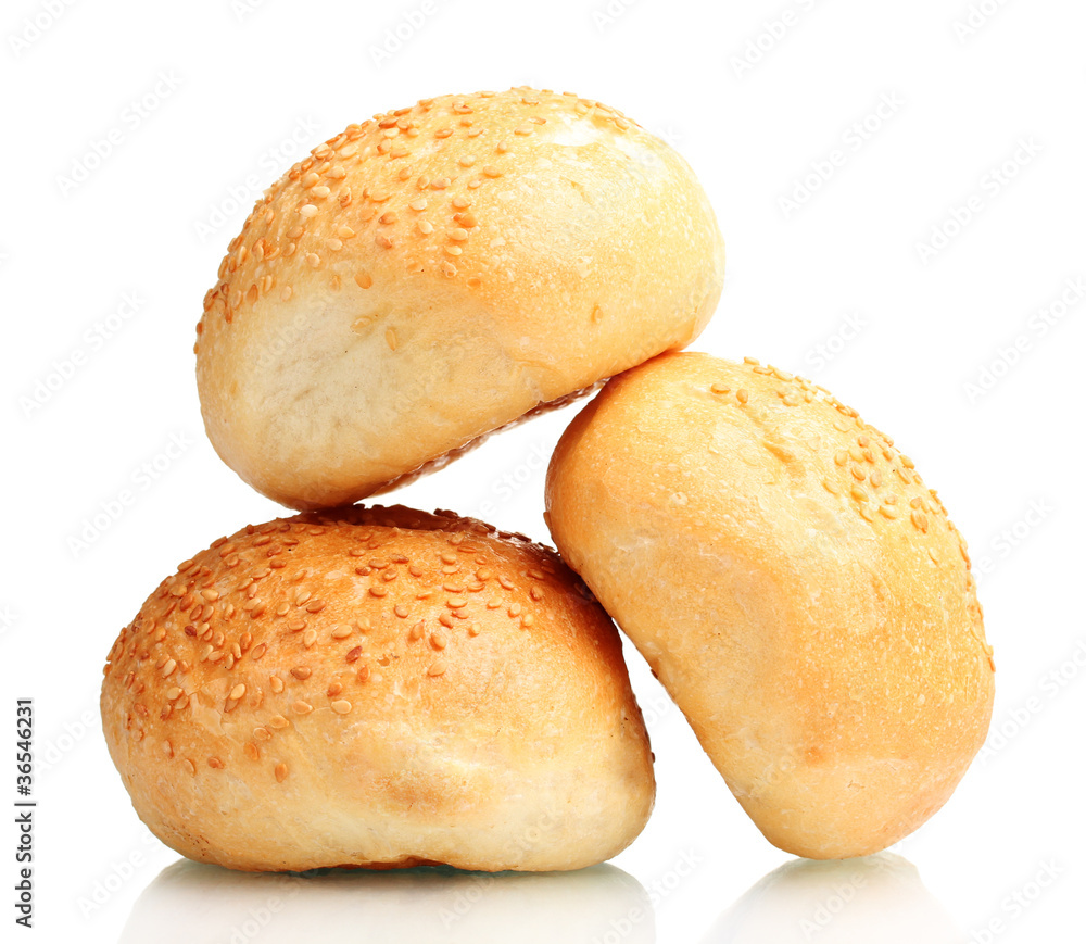 delicious buns with sesame seeds isolated on white