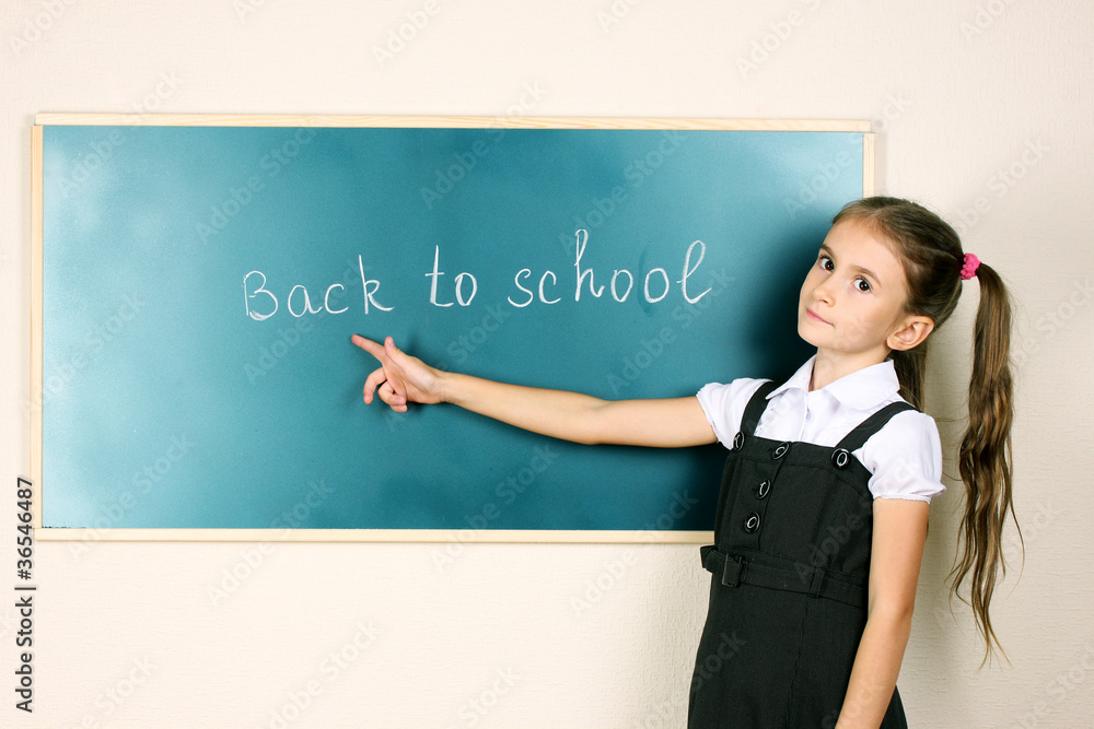 beautiful little girl standing near blackboard in the classroom beautiful little girl standing near blackboard in the classroom