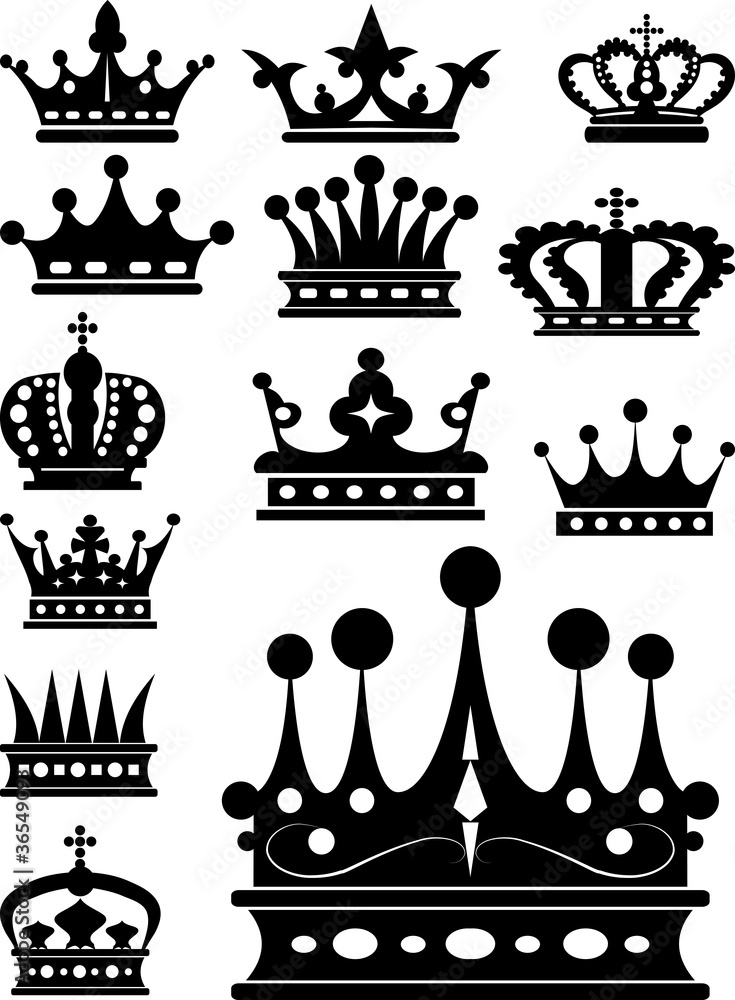 Black crowns on white. Simple elegant crown for your design. Vintage isolated symbols. Vector illustration set Black crowns on white. Simple elegant crown for your design. Vintage isolated symbols. Vector illustration set