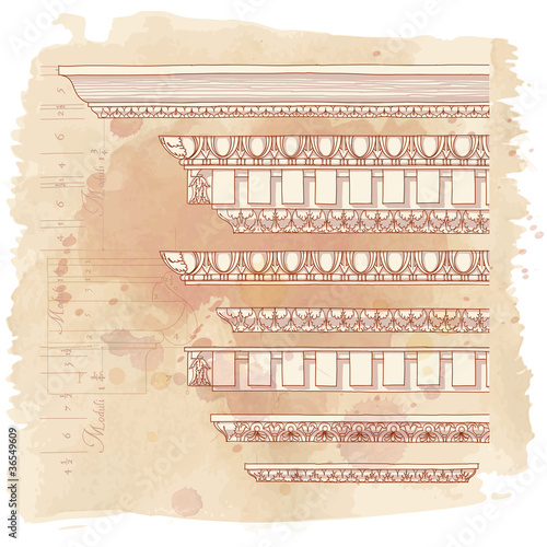 Vintage ornaments - hand draw sketch & watercolor background