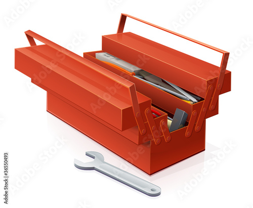 Boîte à outils rouge ouverte et ses outils (reflet)