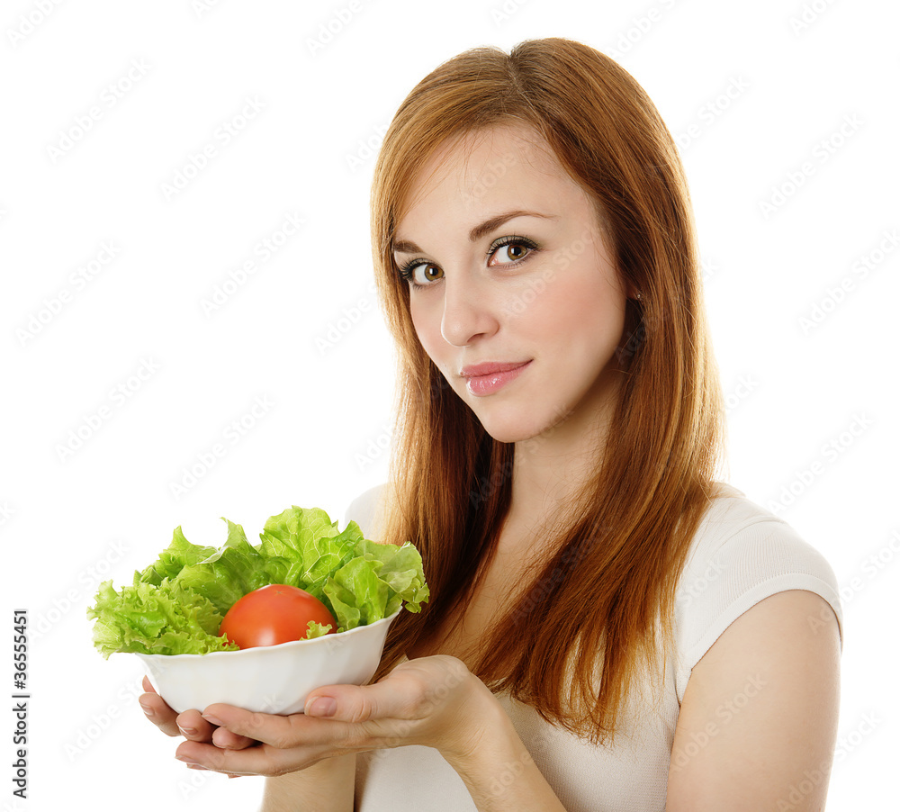 Young businesswoman eating salad isolated on white Young businesswoman eating salad isolated on white