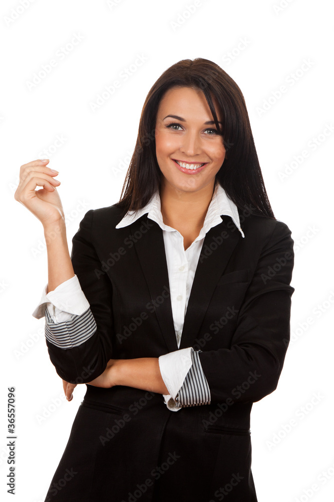 Smiling business woman standing with folded hands Smiling business woman standing with folded hands