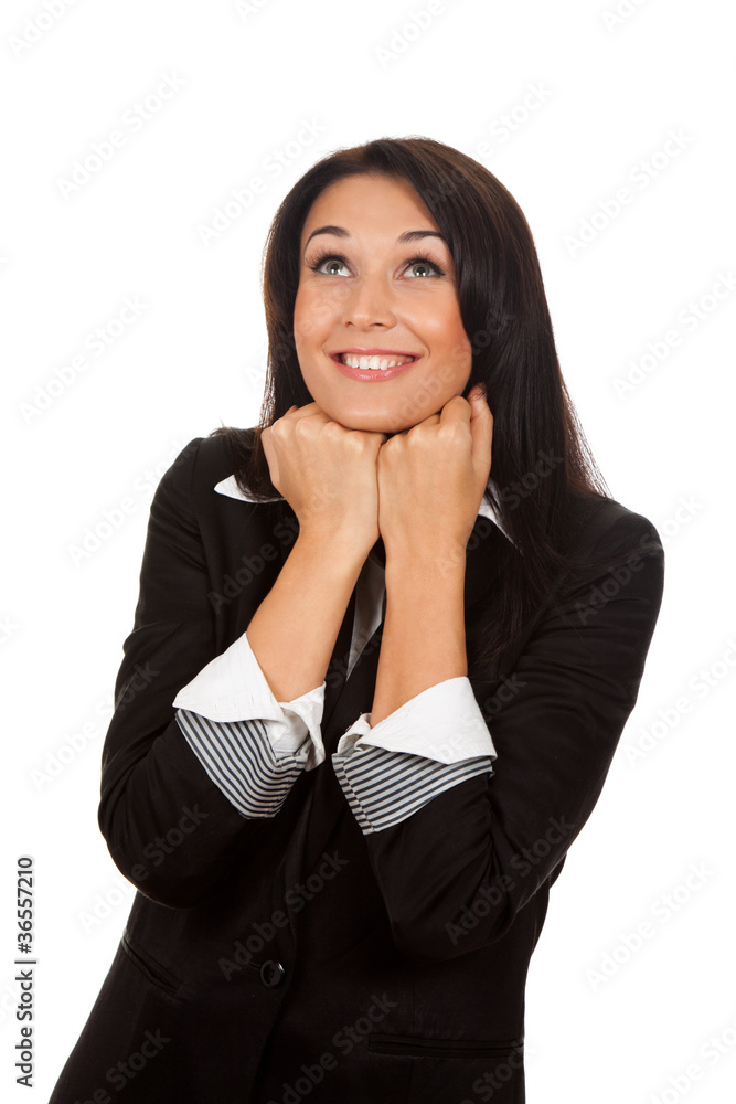 Smiling business woman think looking up. Isolated over white Smiling business woman think looking up. Isolated over white
