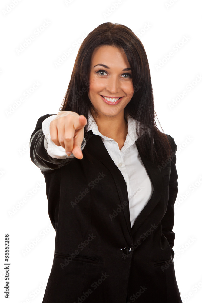 Business woman point finger at you looking at camera