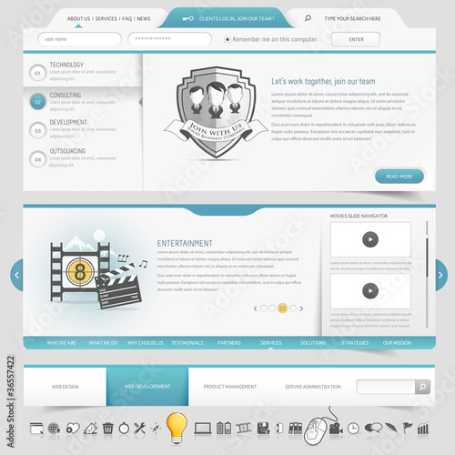 Web site template navigation elements with icons set