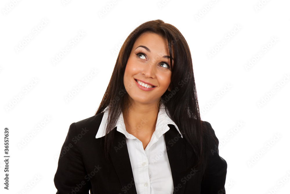 Smiling business woman think looking up. Isolated over white Smiling business woman think looking up. Isolated over white