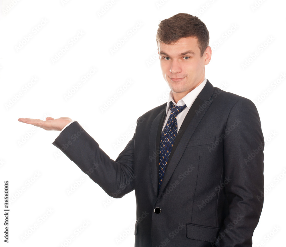 business man presenting new product isolated on white business man presenting new product isolated on white