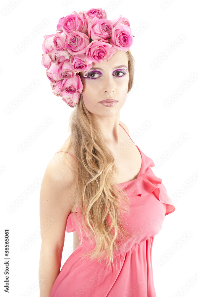 young beautiful woman with pink flowers young beautiful woman with pink flowers