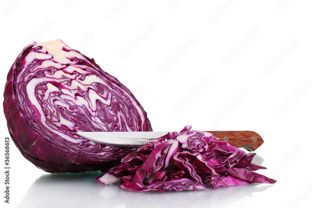 sliced red cabbage and knife isolated on white sliced red cabbage and knife isolated on white