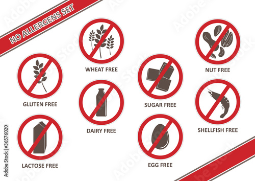 Vector stickers for allergen free products, such as gluten free, lactose free, wheat free, dairy free, sugar free, nut free, egg free and shellfish free