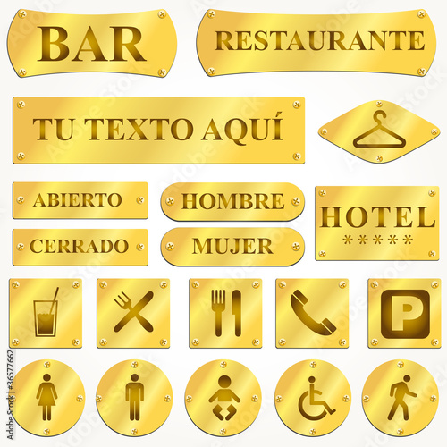 Vector Old golden gold plates and signboards with spanish text
