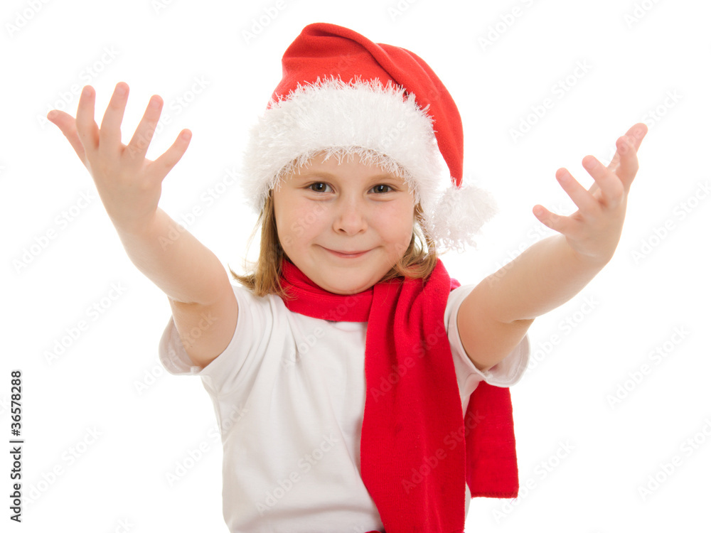 Happy Christmas child pulls the hands upward Happy Christmas child pulls the hands upward