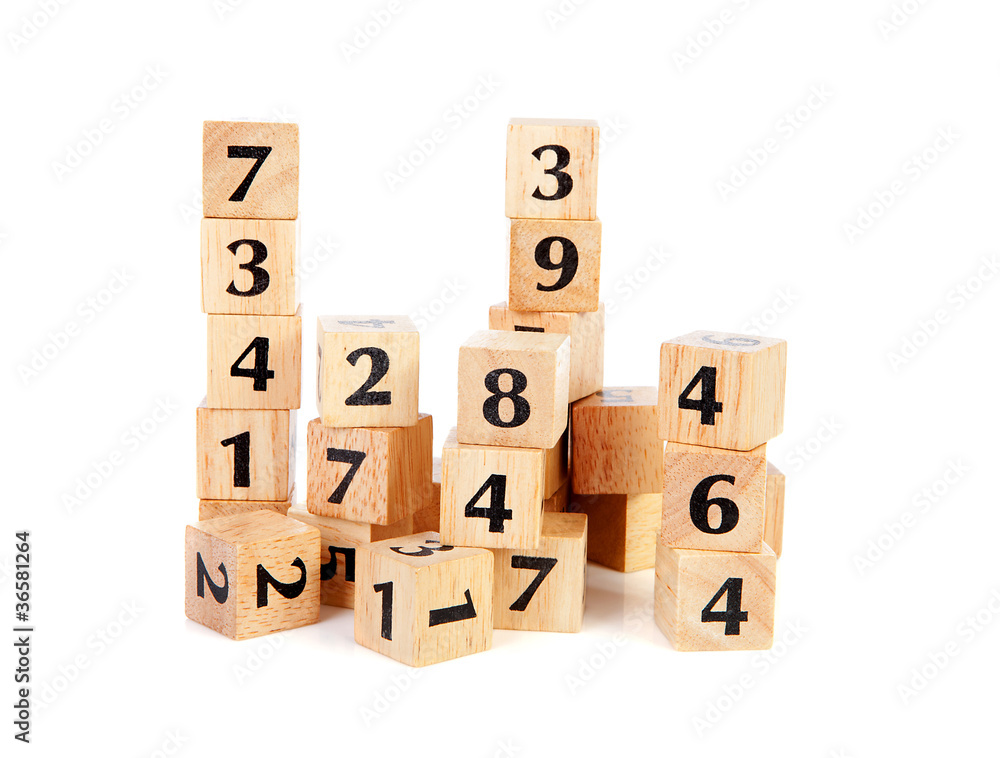 A lot of wooden blocks with numbers over white background A lot of wooden blocks with numbers over white background